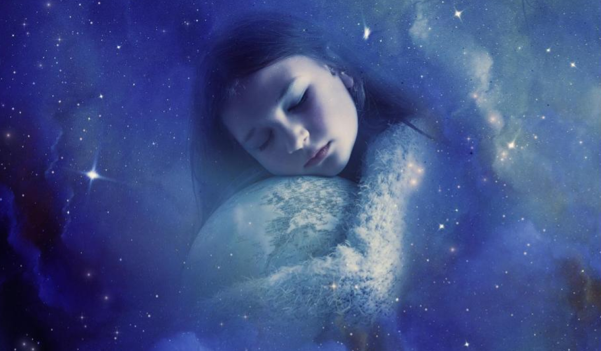 Girl hugging a moon in night sky